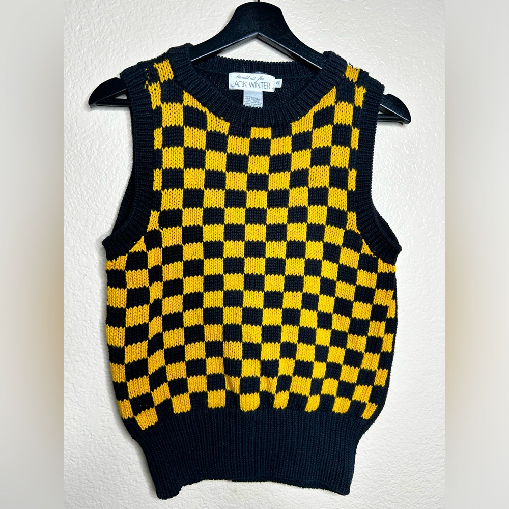 Vintage Hand Knit For Jack Winter Yellow Black Checkered Sweater Vest Size Small